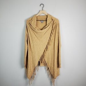 Peace and Pearls Tan Fringe Long Sleeve Sweater Large